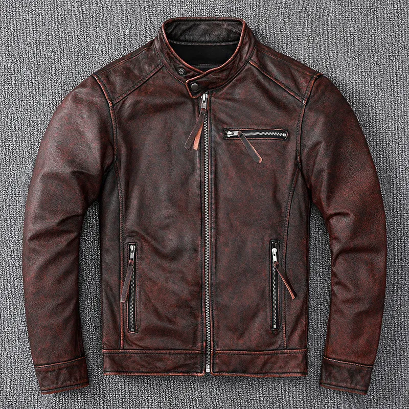 Cappotto da uomo in pelle ecopelle marrone vintage classico stile motociclista corto slim G 220823