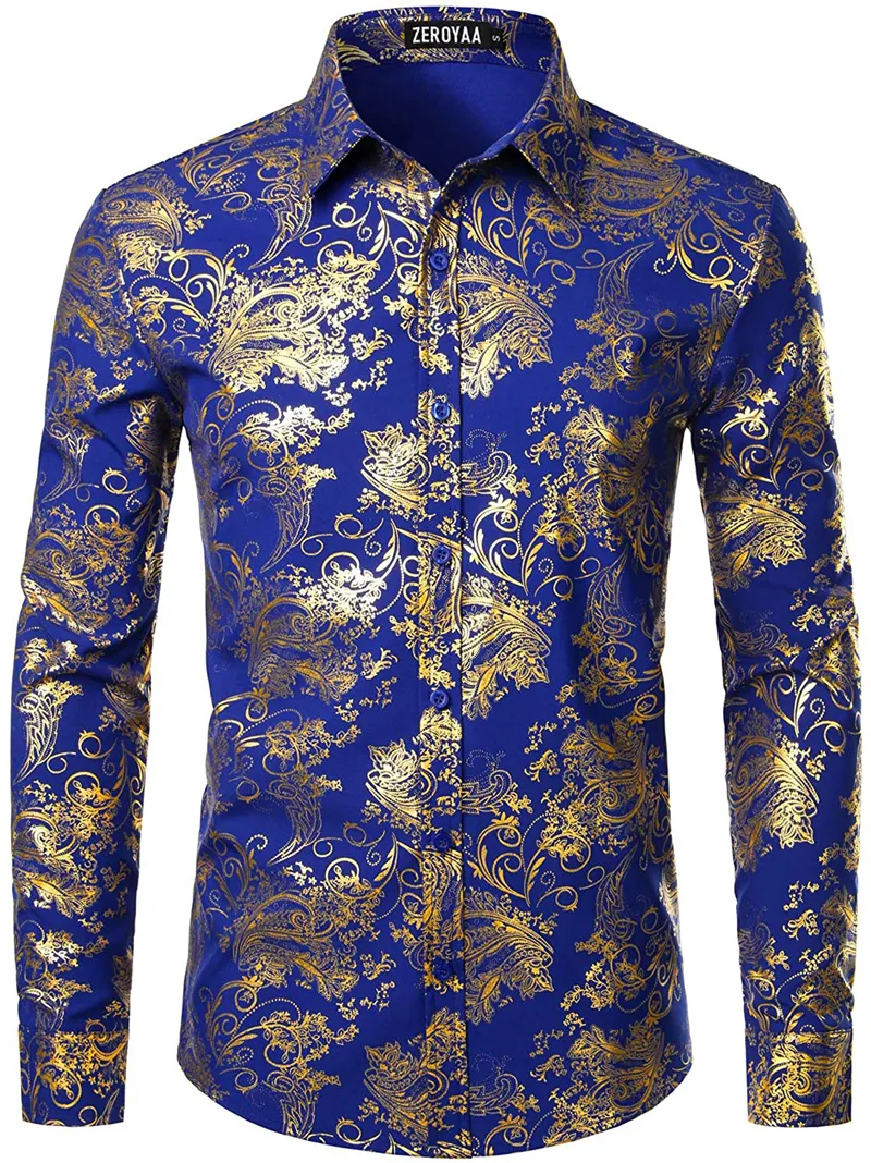 Mens Luxury Paisley Floral Gold Shiny Print T Shirts Camisas Snygg Slim Långärmad Klänningskjorta För Party Prom Visa Men Kläder 220401