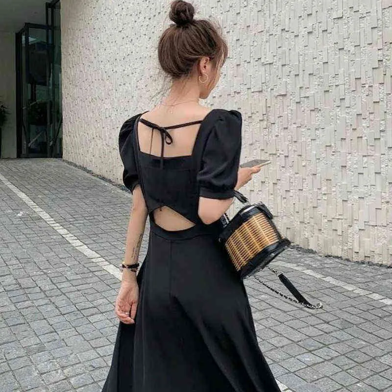 Vestido para mujer chic vintage negro negro cuadrado cuadrado manga de manga de hojaldre arco A-línea con clase retro elegante ropa femenina francesa nueva Y220804