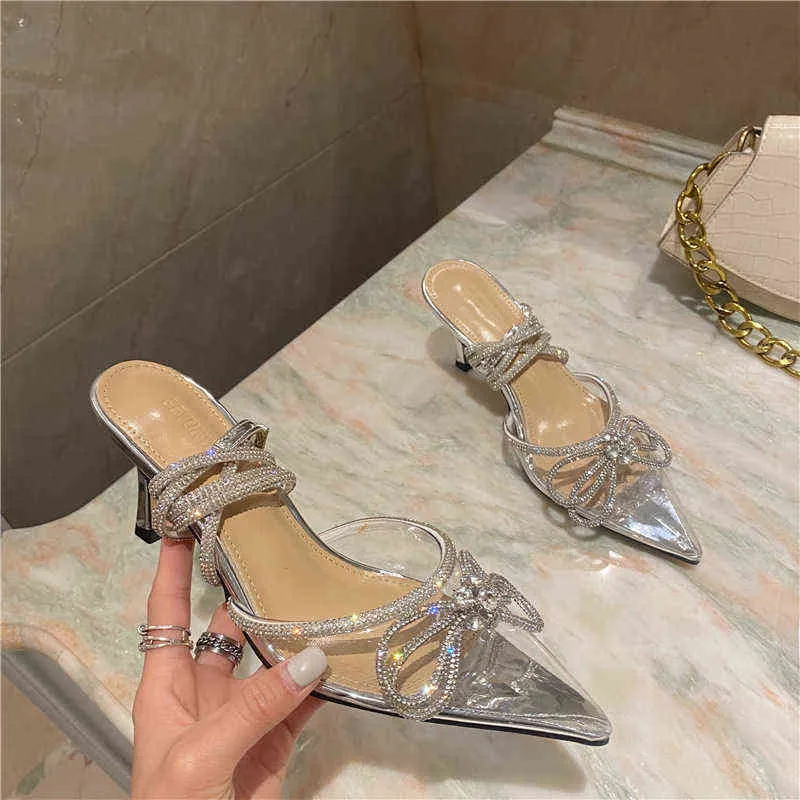 6cm New Fashion Sandals Clear Pointed Toe with Rhinestone High Heels Ankle Wrap Women Shoes 39 40 G220519