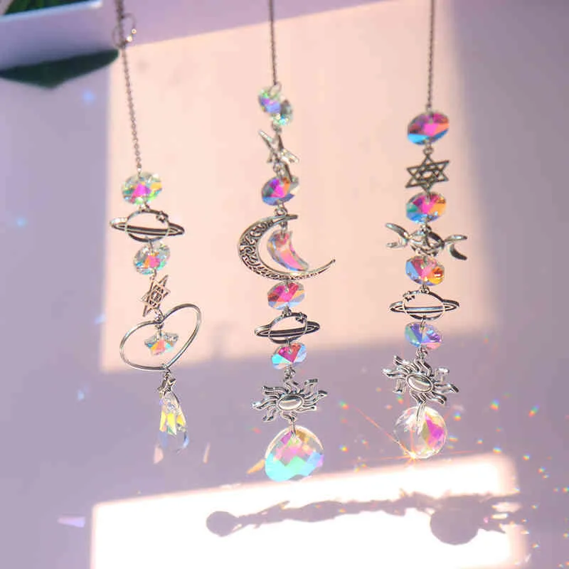 Crystal Wind Chime Moon Sun Catcher Diamond Prisms Pendant Dream Rainbow Chaser Hanging Drop Home Garden Decor Windchime