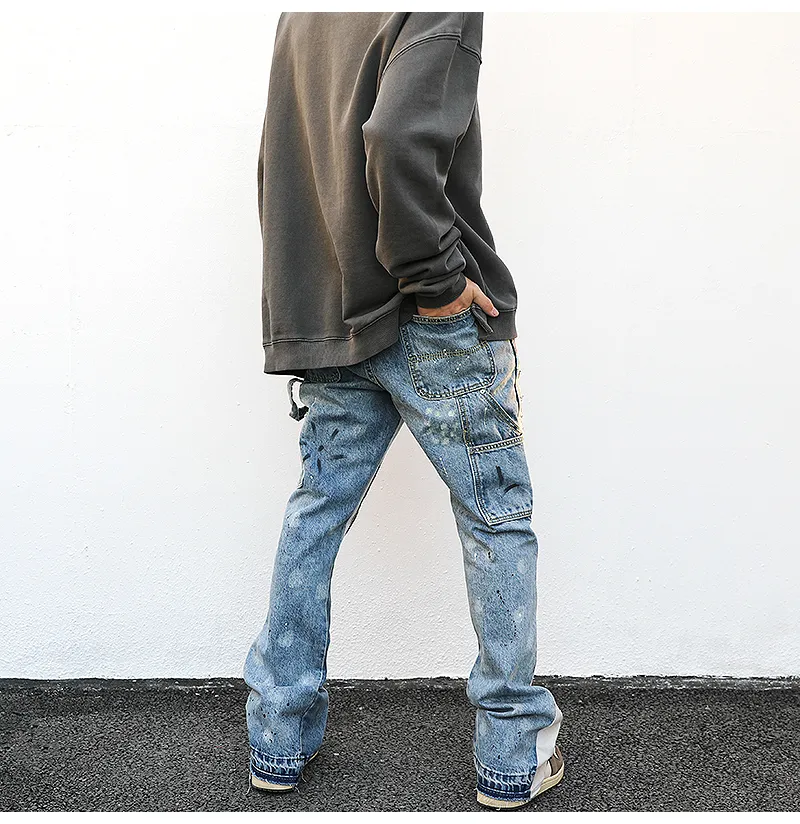 Distressed Splash Inkt Flare Jeans Urban Streetwear Patch Mens Graffiti Uitlopende Hip Hop Washed Blue Slim Fit Denim Broek Heren 220408