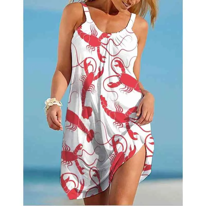 Sea World Starfish Print Dress Women's Fashion Summer Strap Beach Dress Bust Bohemian Slicfeless Party Dresses Elegant Sundress HEM G220510