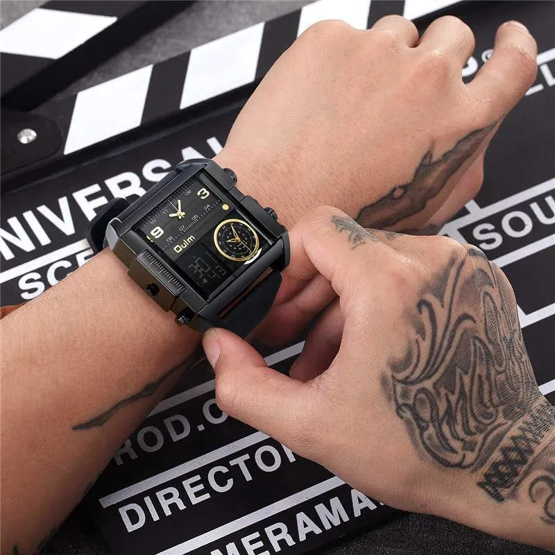 Wristwatches Oulm Big Dial LED Digital Watches Men Three Time Zone Quartz Watch Dual Display Male Sport Leather Wristwatch2296