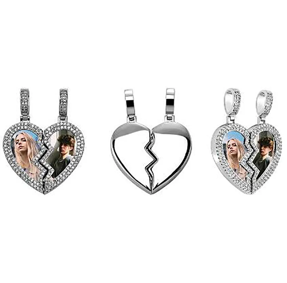 Maßgeschneiderte 1 Paar halbherziger Pendellanhänger Halskette für Männer Frauen Paar Valentine Geschenk Kubikzirkonia Charm Hip Hop Jewelry270d