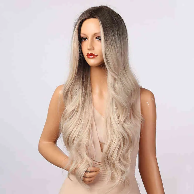 Henry Margu Blonde Platine Ombre Brun Perruque Synthétique pour Femmes Long Ondulé Naturel s Cosplay Partie Moyenne Résistant À La Chaleur 220622