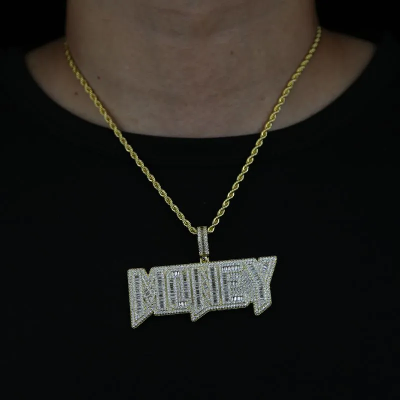 Chains Summer HipHop Iced Out Bling 5A CZ Paved Letter Money Pendant With Long Rope Chain Necklace Jewelry For Women MenChai256H