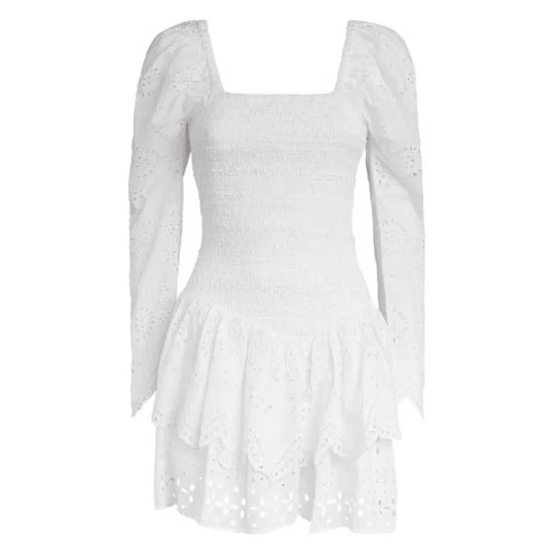 Boho inspirado manga larga otoño vestido blanco algodón smocked corpiño sexy vestido de fiesta ojal bordado mini vestido para mujeres 220509