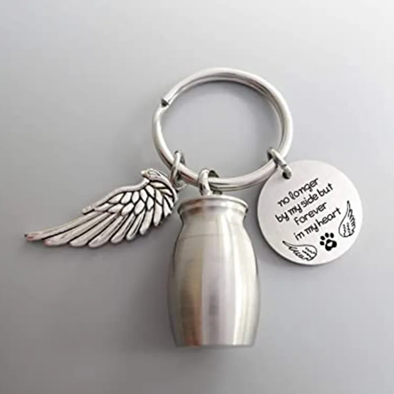 Mini Key rings Cremation Urn Keychain with Wing and Round tags for Memorial Ashes Holder Keepsake Dog Cat Pets Human Jewelry Gift 249c