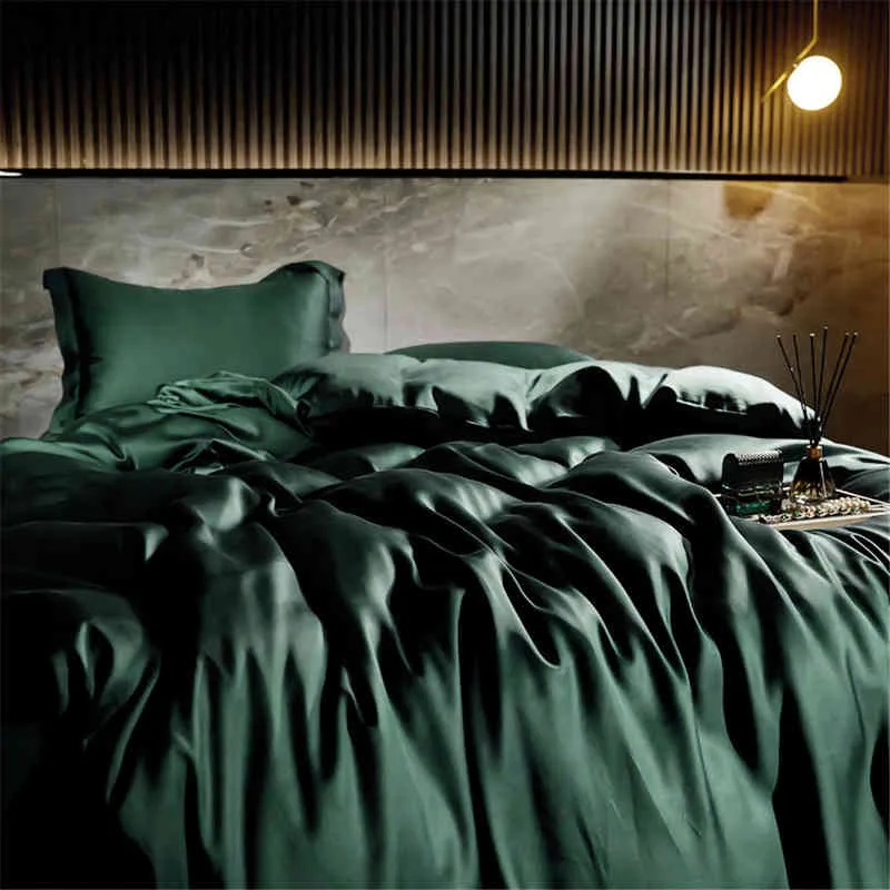Slowdream Nature Beauty Green 100% Silk Bedding Set Solid Color Duvet Cover Flat Sheet Pillwocase Queen King Bed Home