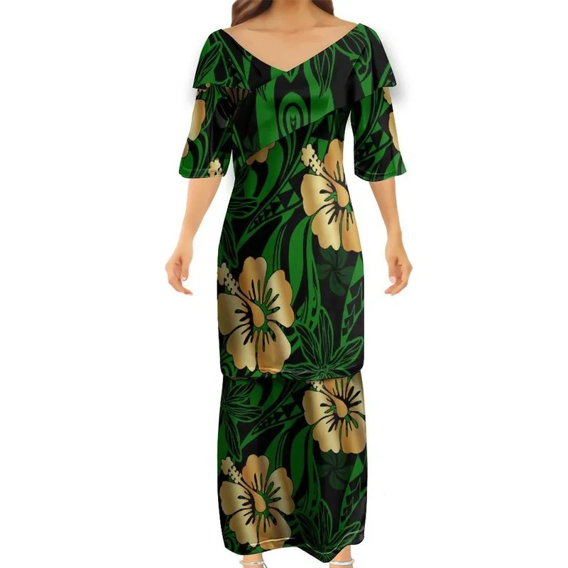 Polynesian Tribal Women Custom Pattern v-neck pultasi فساتين الأزواج لباس أعلى جودة مخصصة قبالة فساتين الكتف فستان 220706