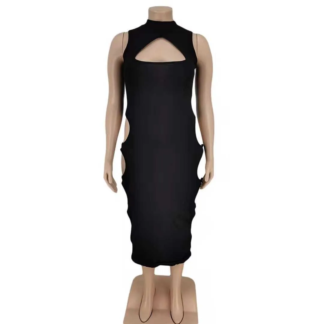 Summer Sexig klänning Kvinnor Fashion Basic Solid Color Hole Long Dresses Plus Size Women Clothing S-4XL