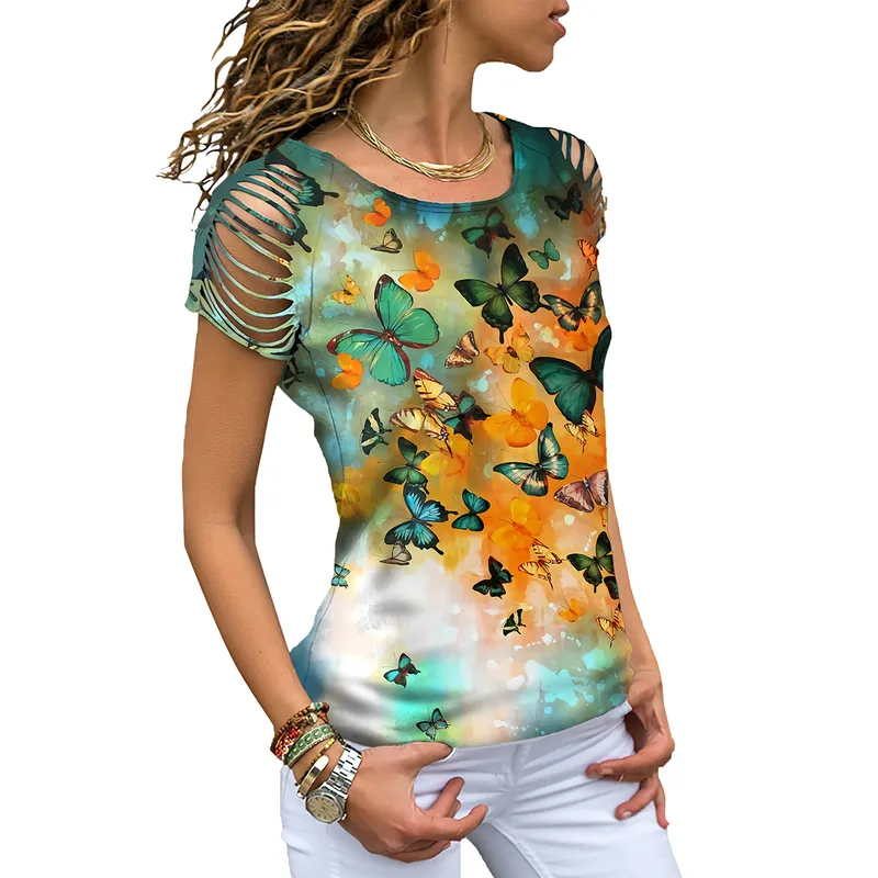 Vintage Summer Women 3D krótkie rękawowe Top Lose O-Neck wycięte ramię Elegancka moda koszulka Camisetas Mujer 220510