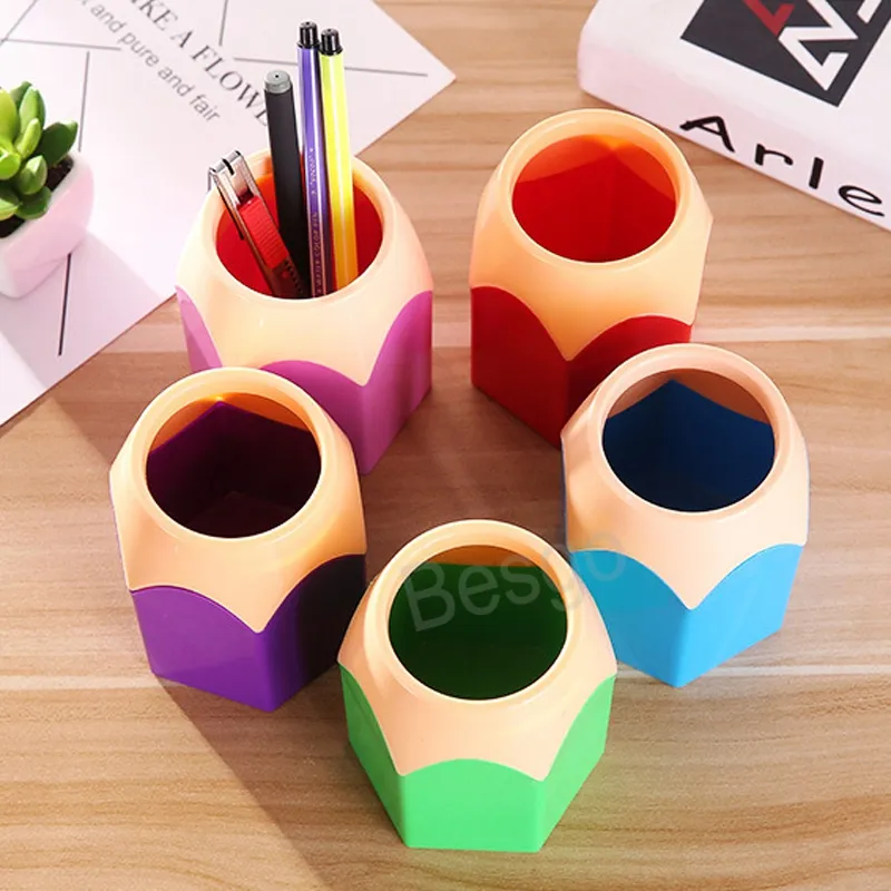 Pencil Stub Shape Pen Case Plastic Colorful Pencils Holders Makeup Brush Stationery Storage Holder Desktop Storages Bucket BH7009 TYJ