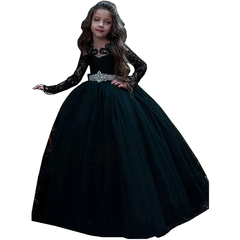 2022 Black Flower Girls Robes Sheer Jewel Neck Necl Sans manches Appliques en dentelle en tulle Girl Gowns Robes de princesse d'anniversaire Robes avec Big Arc