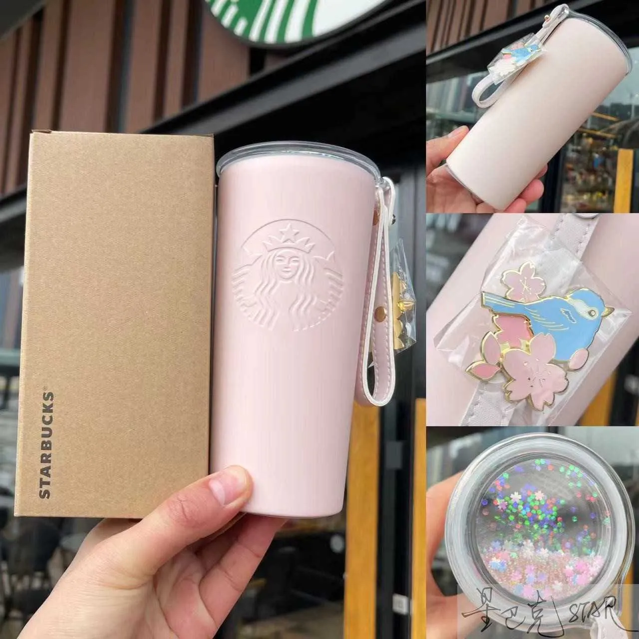 Starbucks Kiraz Çiçek Kupası Gradyan Pembe Kiraz Çiçeği Çiçek Çiçek Kupa Cam Saman Termos Kupa Pot Kapak Çantası