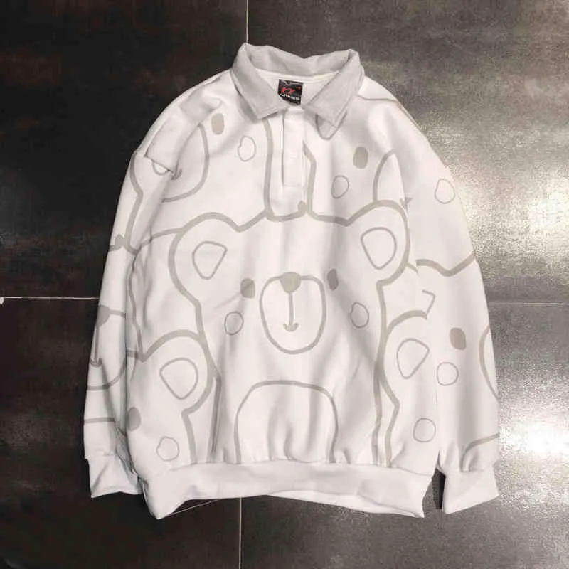 Hong Kong Style Automne et Hiver Dessin Animé Imprimé Revers Pull En Peluche pour Hommes Femmes Lâche Ins Mode Br Faux Deux Manteaux À Col Polo