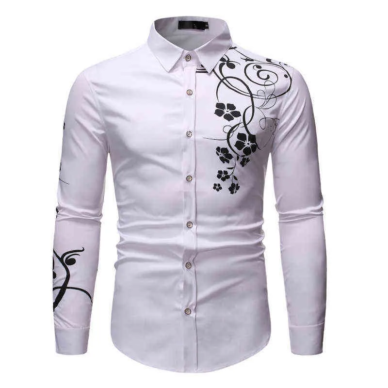 Witte heren DRAAD SHIRTS 2022 Fashion Flower Bloemdruk Button Down Shirt Men Slim Fit Lange Mouw Camisa Sociale Masculina XL L220704