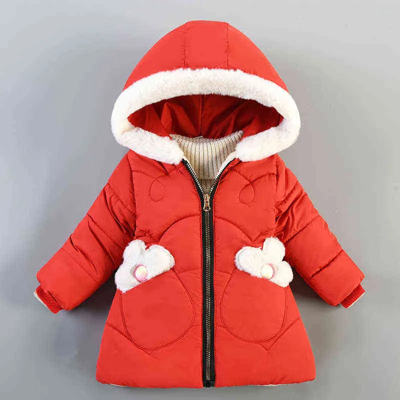 1-4 Years Old Cute Winter WarmToddler Baby Girls Jacket Cute Fur Collar Lining Plus Fleece Heavy Hooded Outerwear For Kids J220718