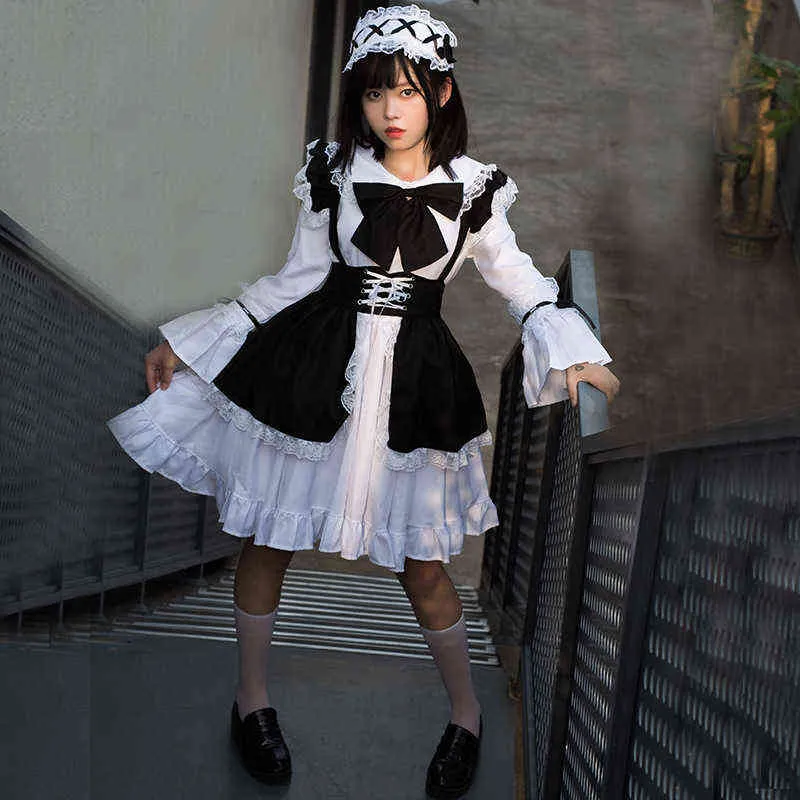 Kostiumy Anime kobiety strój pokojówki Anime sukienka Lolita śliczne mężczyźni kawiarnia przyjdź Cosplay L220802250C