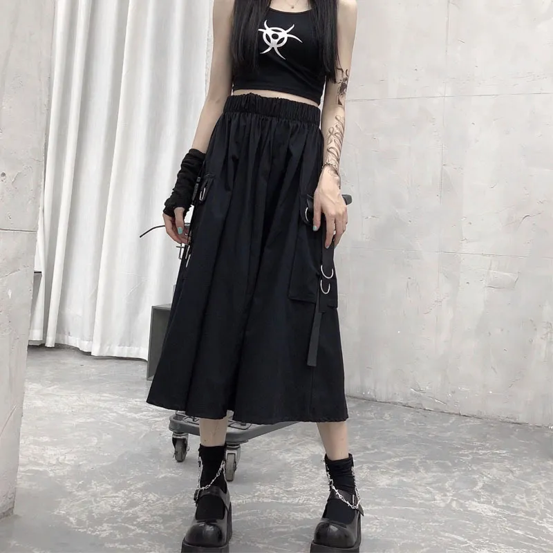 Gothique taille haute jupes cargo femme Harajuku lâche a-ligne poche midi longue jupe noire hip hop mode streetwear oversize 220317