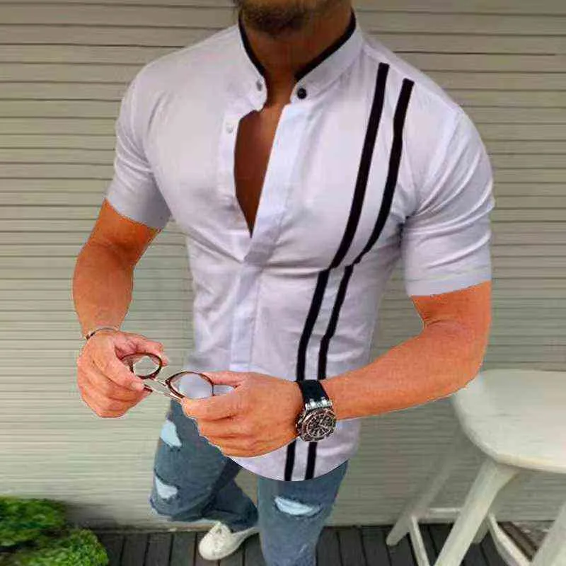 2022 Summer Menswear new casual inch shirt Fashion blue white black striped hip hop short sleeve street wear slim top G220511