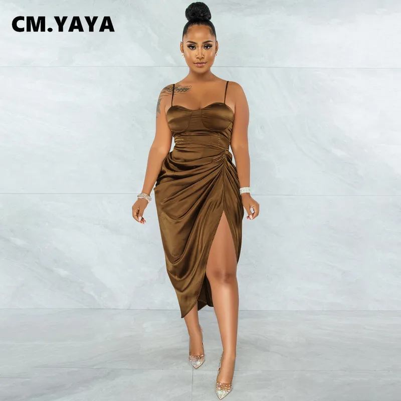 CM.YAYA Women Spaghetti Strap Sweetheart Neck Ruched Side Slit Dress Autumn Winter Sexy Club Party Night Irregular Dresses 220423