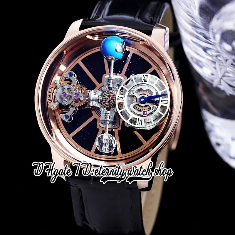 BZF Astronomia Tourbillon Swiss Quartz Mens Watch Rose Gold Steel Case Skeleton 3D Globe Dial Won't Spin Brown Leather 292f