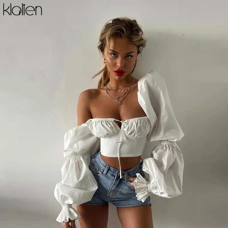 KLALIEN printemps été mode élégant français romantique Floral manches bouffantes col carré femmes Blouses chemise en mousseline de soie blanche 220725