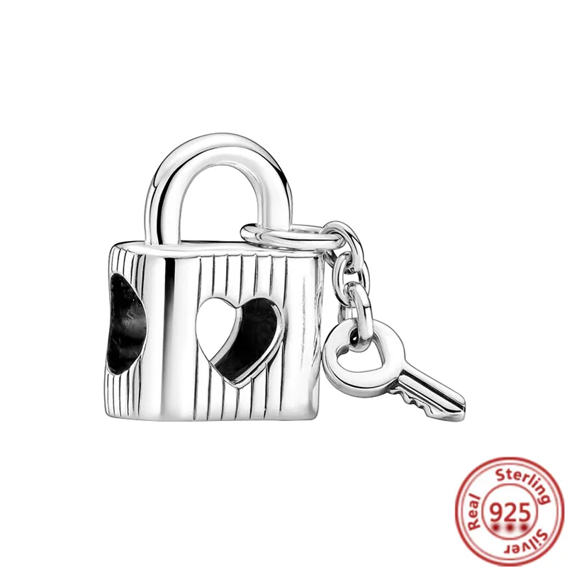 925 Silver Charm حبات التدوير سلسلة Openwork Link Badlock Heart Key Lock Bead Fit Pandora Charms سوار DIY مجوهرات الملحقات