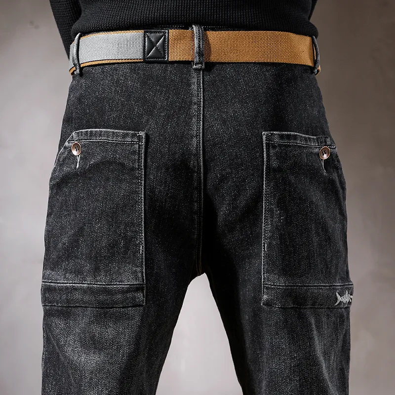 Mode jeans för män stretch vår hösten svart grå smal raka fickor deseringstil streetwear denim trousrs inget bälte cx220401