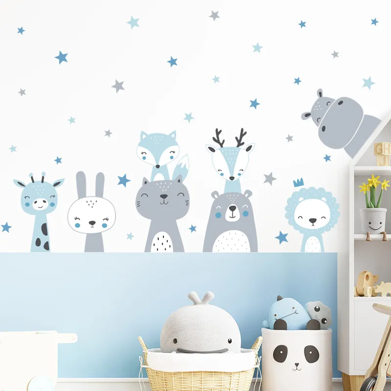 Dessin animé mignon lion girafe animaux étoiles murs autocollant pépinière vinyle enfant art mural décalcomanies pour bébés pour enfants chambre décoration de maison 220727