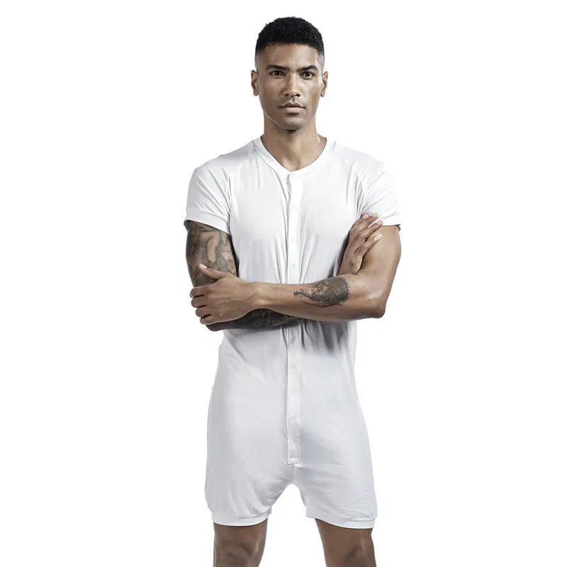 メンズシャムパジャマのワンシースーパーエラスティックな快適なスナップボタンジャンプスーツ男性スリープウェアソリッドカラーTシャツ220426