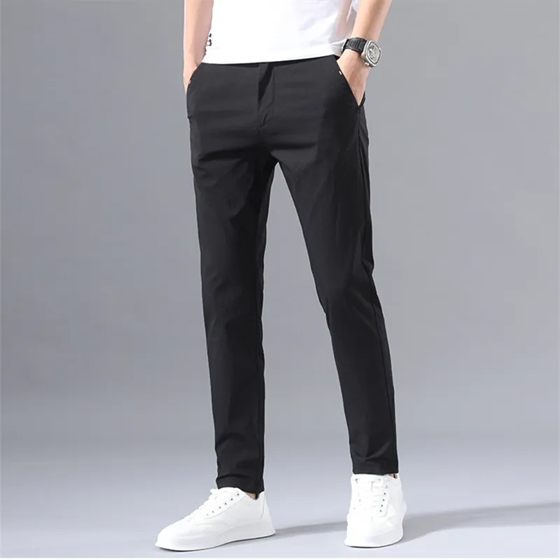 Pantalon mince pour hommes, couleur unie, intelligent, décontracté, coupe d'affaires, extensible, en coton, formel, respirant, 220719