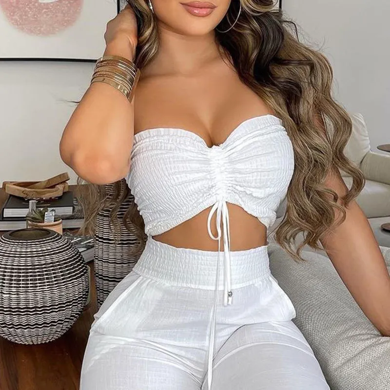 Summer Women Casual White Two Piece Suit Sets Sleeveless Drawstring Bandeau Crop Top & Shirred High Waist Long Pants 220315