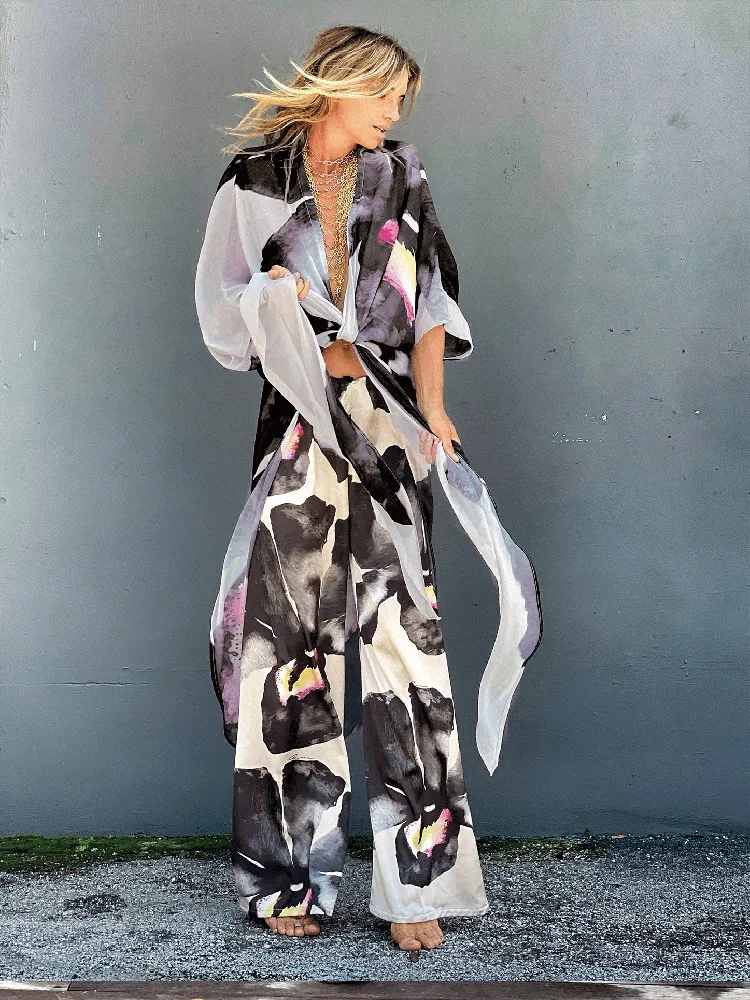 Bohemian Shirt Dress Chiffon Bikini Cover Up Kaftan White Loose Kimono Beachwear Print Tunic For Beach Swimsuit Cover Up 220622