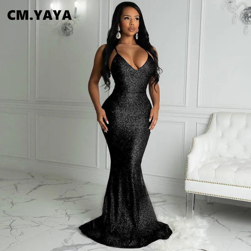 CM.YAYA Fashion Trumpet Mermaid Solid Sleeveless Spaghetti Strap Floor-length Maxi Dresses Women Sexy Skinny Vestido Feminino 220516