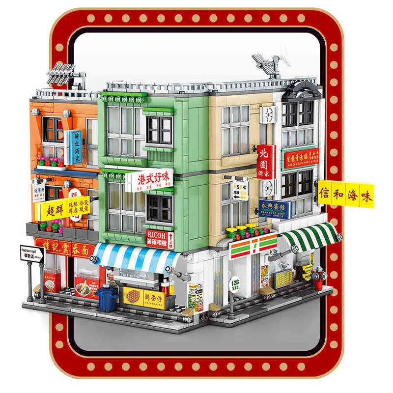 Sembo MOC Mit Licht Hong Kong Stände Retro Lebensmittel Shop Street View Haus Modell Bausteine Kinder Spielzeug Für Kinder jungen Geschenk R230908