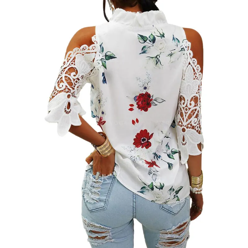 Moda seksowna koronkowa panel z ramion T-shirt Elegancki kwiatowy nadruk Ruffled V-Neck Quarter White Tops White Street 220511