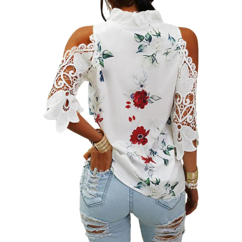 Panel de encaje sexy de moda Camiseta con hombros descubiertos Elegante estampado floral con volantes Cuello en V Manga corta Jersey blanco Tops White Street 220511