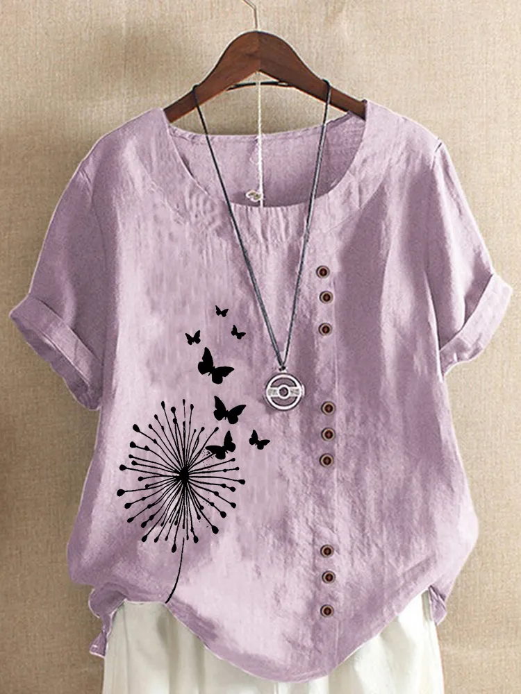Kvinnor S Summer Dandelion Butterfly Tryckt kort ärm Runda hals T -shirt damer Casual Linen Shirts Plus Size Tops 220527