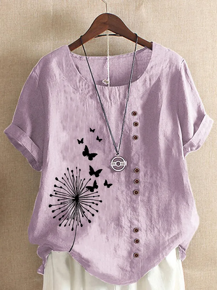 Women s Summer Dandelion Butterfly Printed Short Sleeve Round Neck Tshirt Ladies Casual Linen Shirts Plus Size Tops 220527