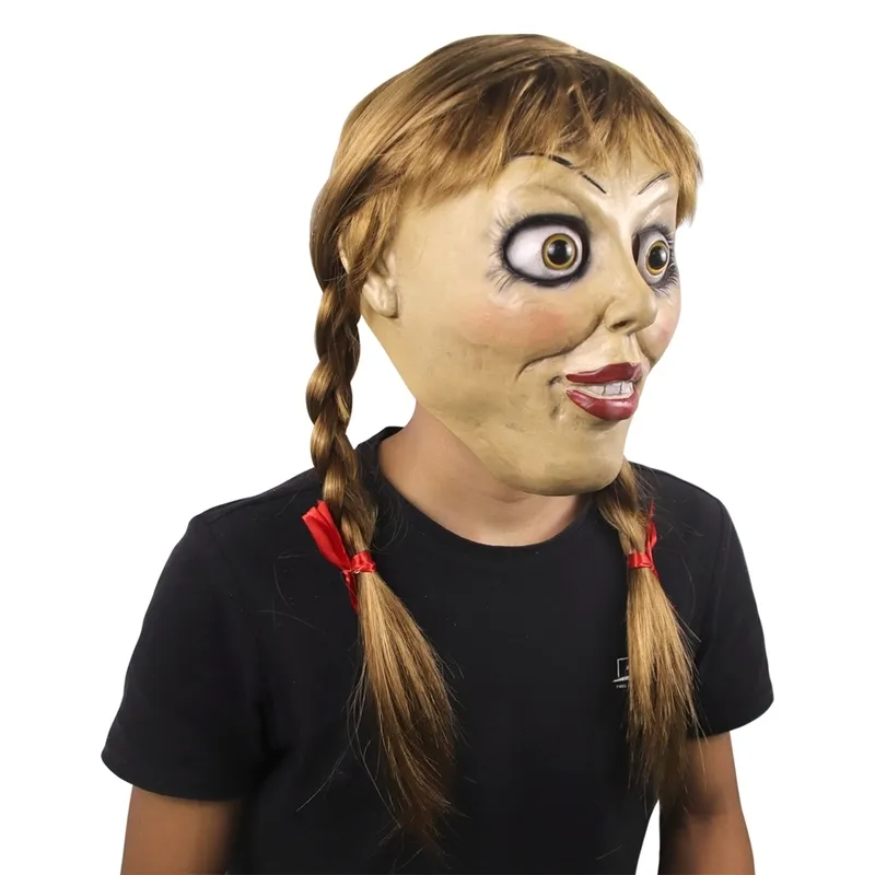 Halloween Annabelle Cosplay Annabel Doll Scary Movie Adult Head Full Latex Tails Tails Mask 220622