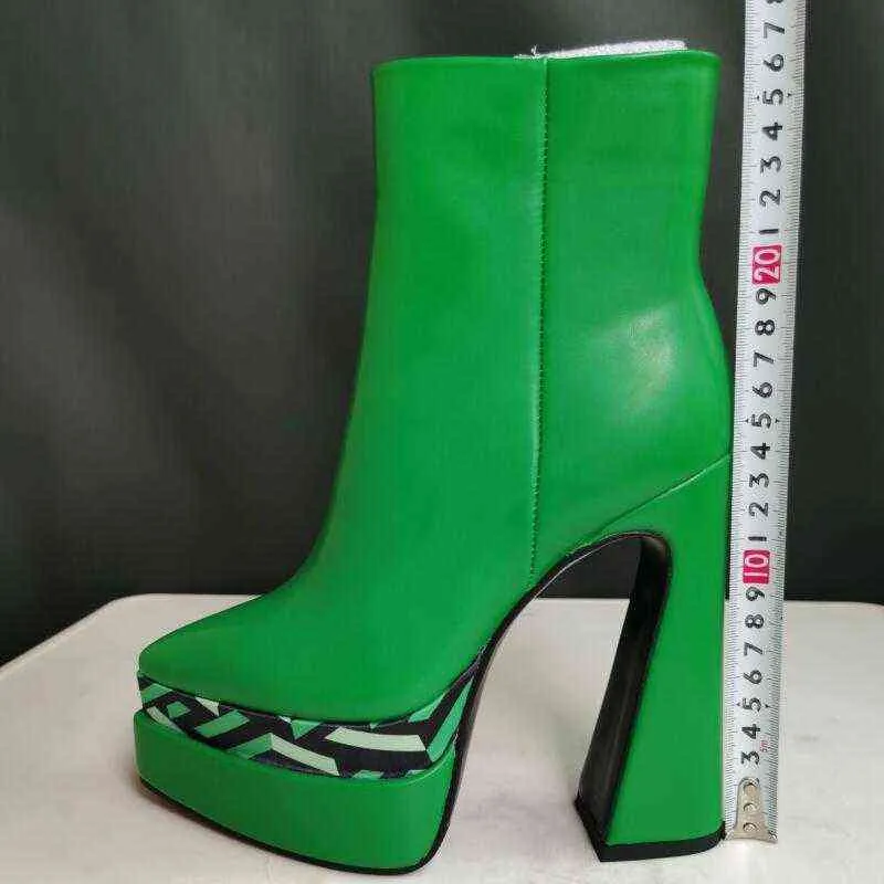 Dames laarzen mode printing dames enkel 2022 herfst winter nieuw dik hoog hielplatform puntige teen feestschoenen groen rose groot formaat 0719