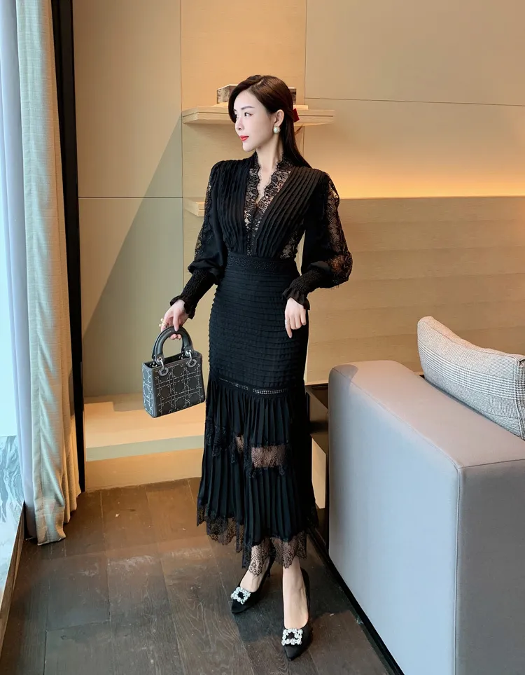 High Quality Self Portrait Dress Women Sexy V neck Lantern Sleeve Long Sleeved Cake es Chic Lace Summer 220622