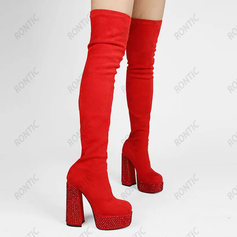 Rontic Women Spring Thigh Boots Crystal Unisex Faux Suede Block Heels Square Toe Gorgeous Red Party Shoes US Size 5-13