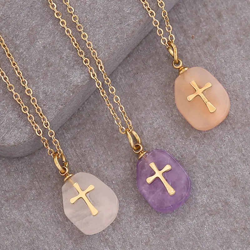 women's natural stone cross necklace Gold chains fashion jewelry for women will and sandy