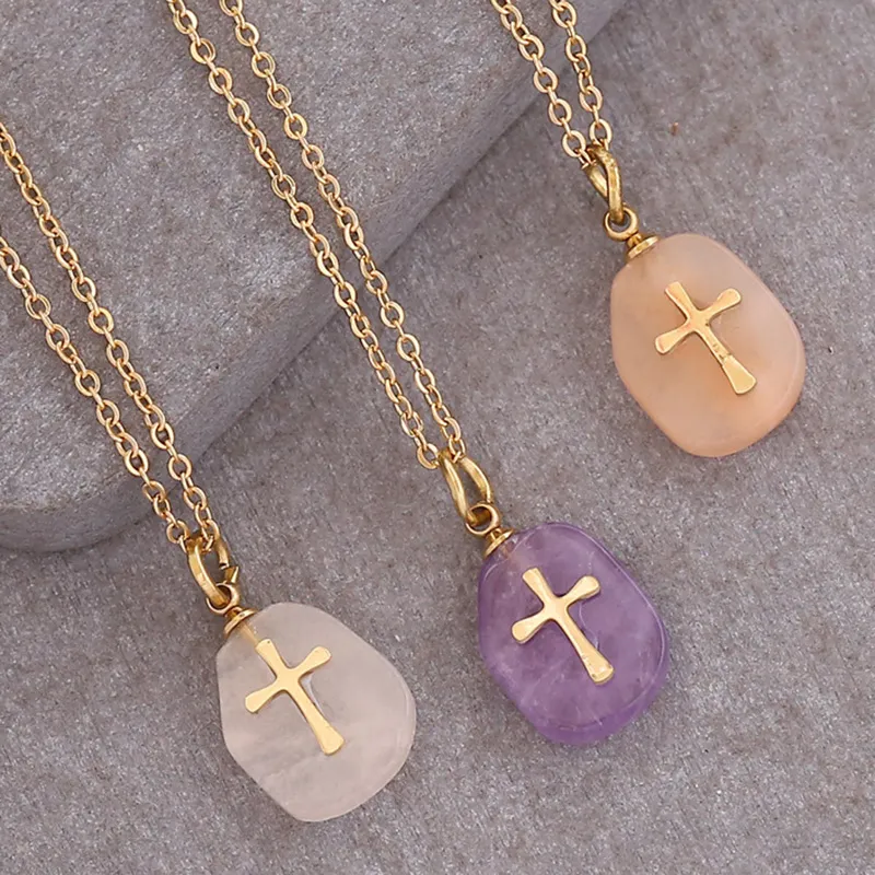 Women's Natural Stone Cross Halsband Guldkedjor Fashion Jewelry for Women Will och Sandy
