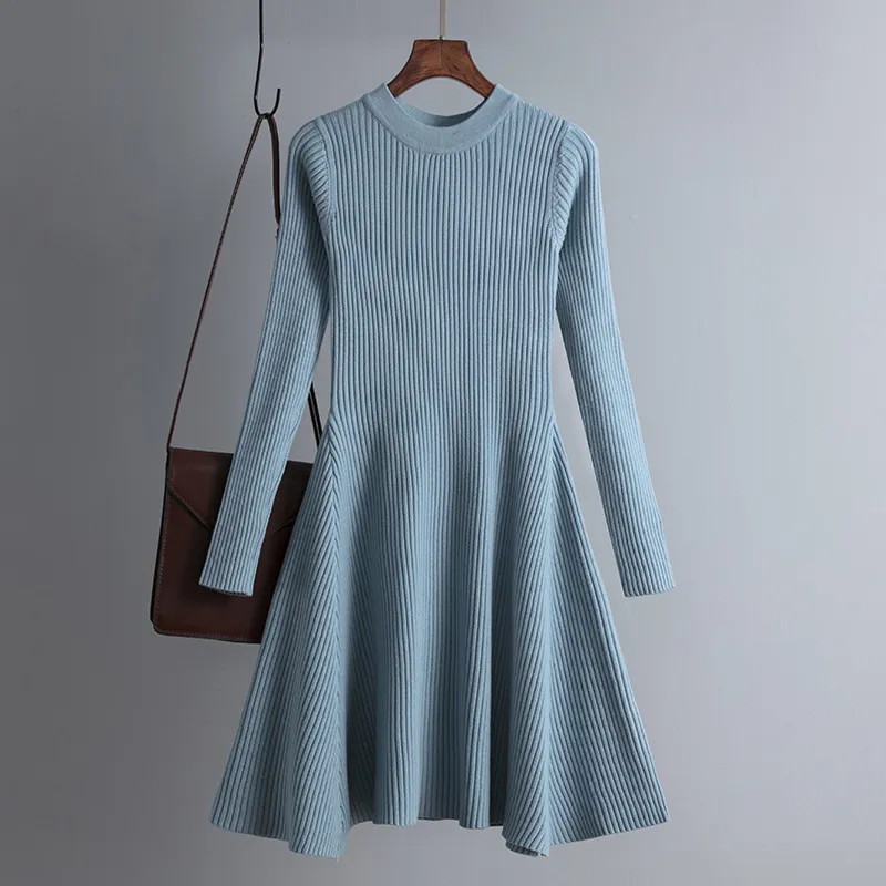 Basit Temel Sonbahar Kış A-Line Kalın Kazak Elbise Kadınlar Zarif Örgü Elbiseler Kadın Ince Mini Robe Örgü Kadın Giyim 220317