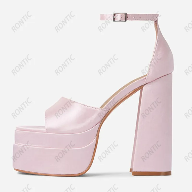 Rontic Stylish Women Platform Sandals Satin Ankle Strap Block Heels Square Toe Gorgeous Red Pink Black Dress Shoes US Size 4-13